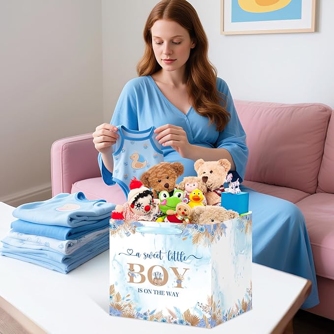 Woosytoo Sweet Baby Boy Gift Bag, Extra Large Baby Shower Square Gift Bags Blue Floral Jumbo Gifts Bag A Sweet Little Boy is on The Way Wrapping Paper Bag for Newborn Gender Reveal Party Favors
