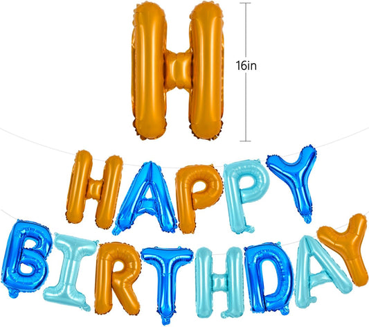 TONIFUL Happy Birthday Balloons Banner with Ribbon Straw, 16 Inch Mylar Letters Birthday Sign Banner Balloon Bunting Reusable for Girls Boys Kids & Adults Birthday Halloween Supplies（Blue Orange）