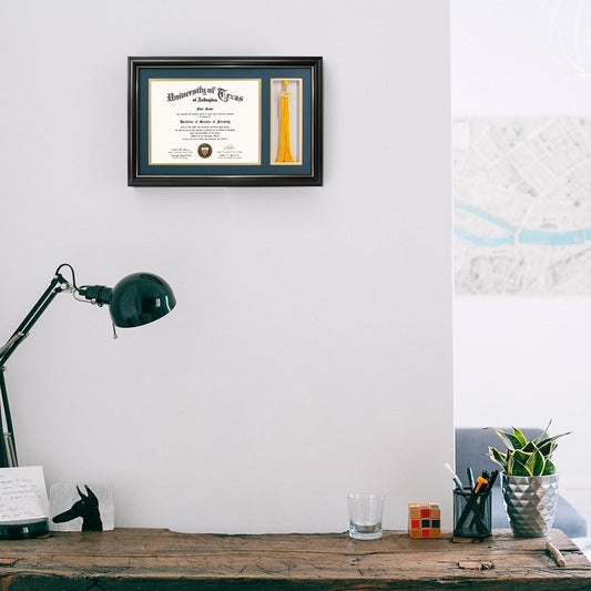 GraduationMall 11x17 Black Wood Diploma Frame with Tassel Holder for 8.5x11 Certificate Document,Real Glass,Navy Blue over Gold Mat