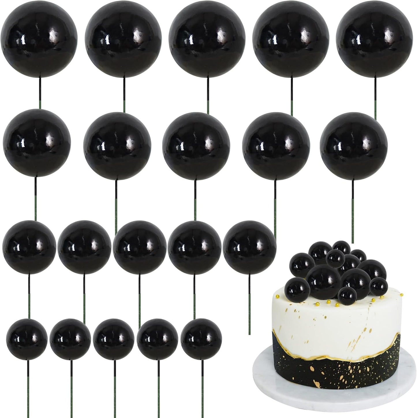 BEISHIDA 20 PCS Black Mini Ball Cake Toppers Foam Cake Balls Decoration Supplies for Happy Birthday Anniversary Wedding Baby Shower Graduation Halloween Christmas Cake Decorations