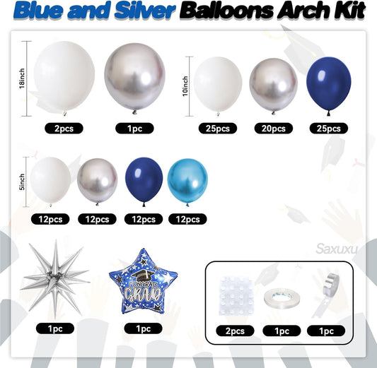 Blue and Silver Balloon Arch Kit, Blue Silver White Balloons Garland Kit, Star Foil Balloons Navy Metallic Blue Balloon For Graduation Birthday Anniversary Bachelorette Party Wedding Decoration