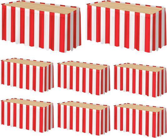 durony 8 Packs Red and White Striped Table Skirt Circus Theme Party Supplies Carnival Table Skirt for Carnival Home Party Decoration, 165 x 30 Inches