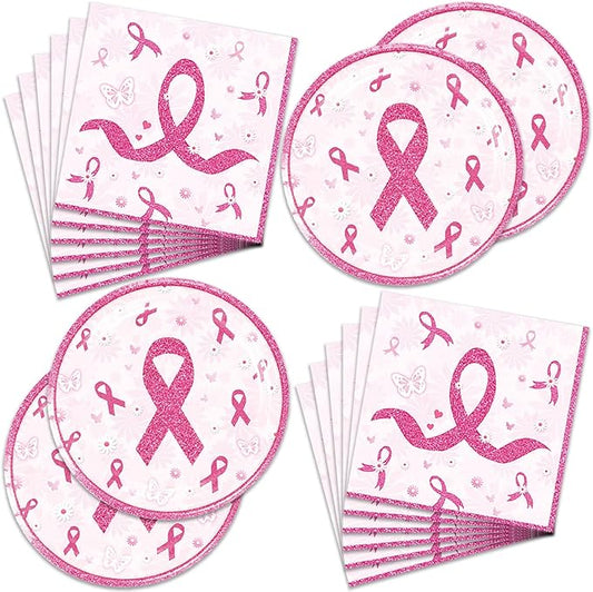 48Pcs Breast Cancer Party Decorations Include Plates Napkins Guests Cancer Free Party Decorations Serve 24 Guests Breast Cancer Party Supplies