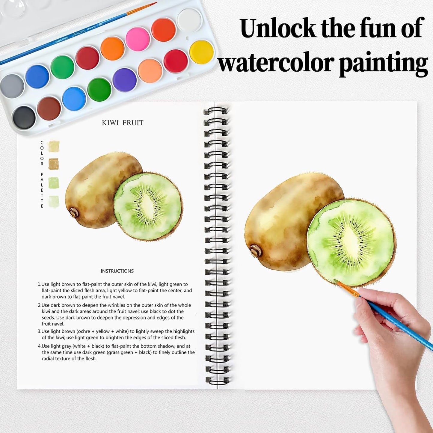 SLWBZ Watercolor Workbooks Coloring Book, Beginner Friendly Painting Kit, Easy Exquisite with Detailed Steps, Creative Exploration Watercolor Book with Paint Set for Adults Teens (Fruits, with Paint)