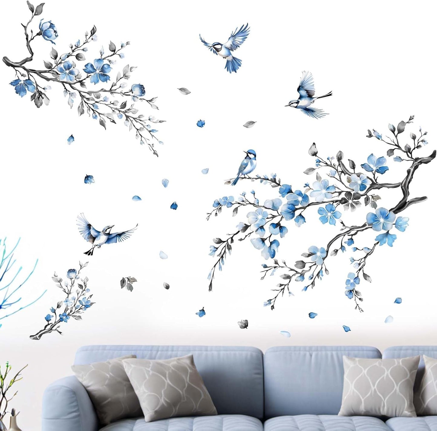 Cherry Blossom Wall Stickers for Bedroom: Peel and Stick Flower Bird Blue Floral Tree Branch Wall Decals - Living Room Office Bathroom