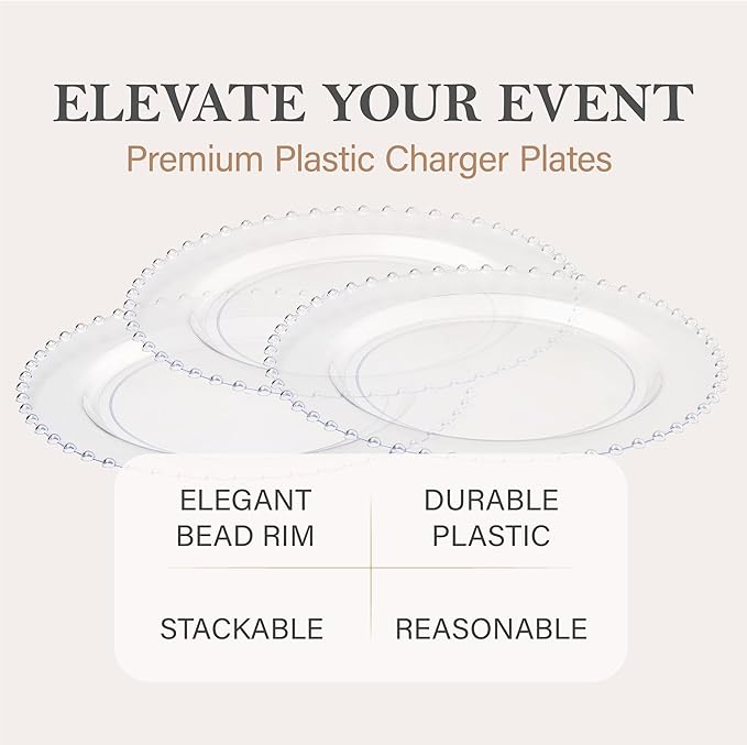 PLASTICPRO Clear Plastic Charger Plates with Beaded Edge – Pack of 8 – 13" Elegant Round Disposable Chargers for Weddings, Events, Parties, and Dinners