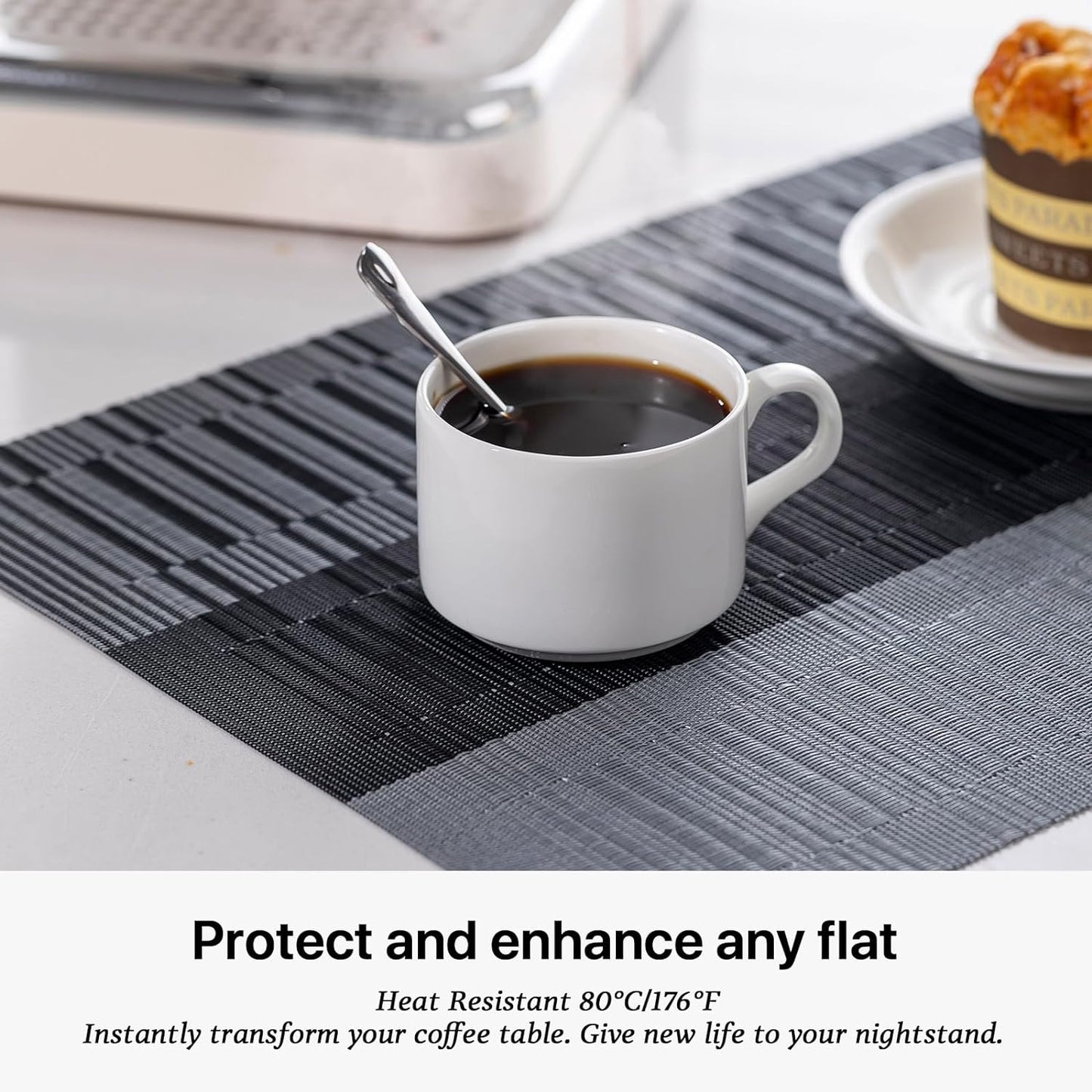 LEXMORE Placemats Set of 4 Vinyl/Plastic Woven Place Mats for Kitchen Table Indoor/Outdoor Washable Placemat Wipeable Dining Table Mats(Silver Gray Black)