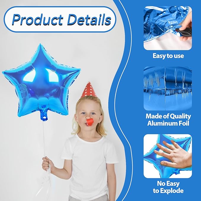 Blue Black Silver Star Foil Balloons, 10PCS Foil Stars Shape Balloon, 18 Inch Metallic Star Pentagram Balloons Helium for Boys Men, Graduation, Baby Shower, Wedding, Space Birthday Party Decoration