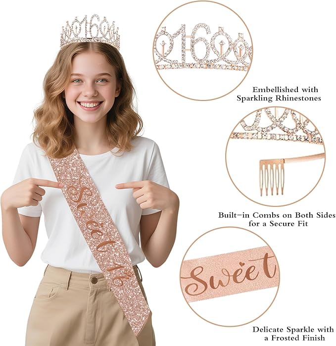 Sweet 16 Party Decorations – 16th Birthday Decorations Backdrop, Banner, Honeycomb Centerpieces, Hanging Swirls, Foil & Latex Balloon, Cake & Cupcake Toppers, Sash, Pom Poms