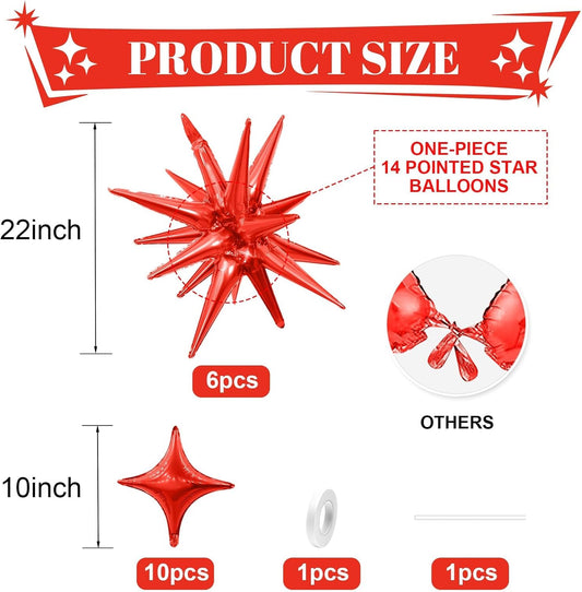 Red Star Balloons,6Pcs 22Inch Explosion Star Balloons and 10Pcs 10Inch Four Angle Balloon Kit for Christamas New Year Birthday Anniversary Party Decorations