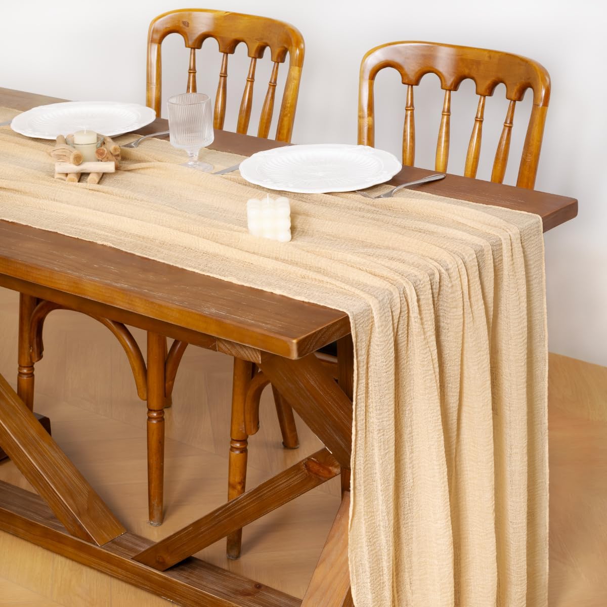 Socomi 6pcs Beige Cheesecloth Table Runner Fall Thanksgiving Gauze 120 Inch Rustic Boho Cheese Cloth Runner for Wedding Party Baby Bridal Shower Centerpiece Decoration Holiday Home Decorations