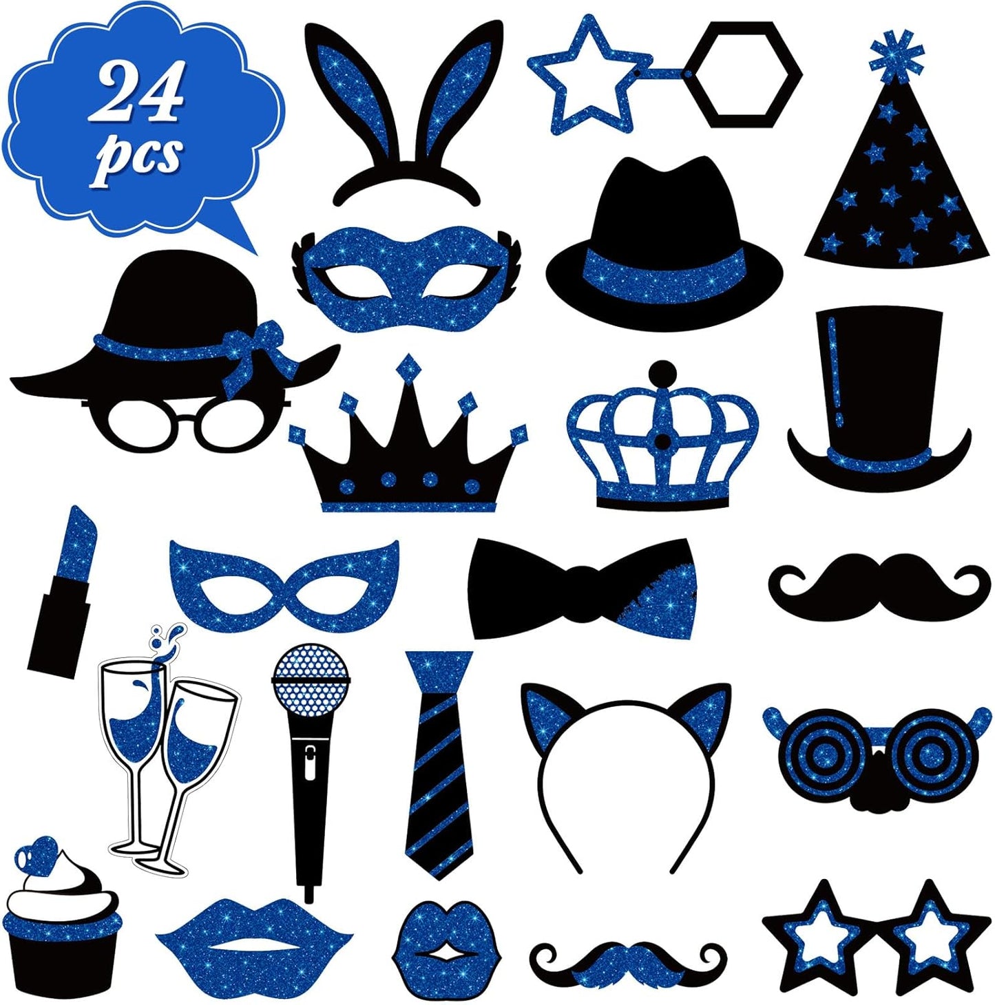 Zonon 24 Pieces Funny Photo Booth Props:Halloween,Christmas,Family Reunion, Class Reunion, Birthday, Weddings, Prom Disco Mardi Gras Party Supplies - Mix of Hats, Lipstick, Tie(Blue and Black)