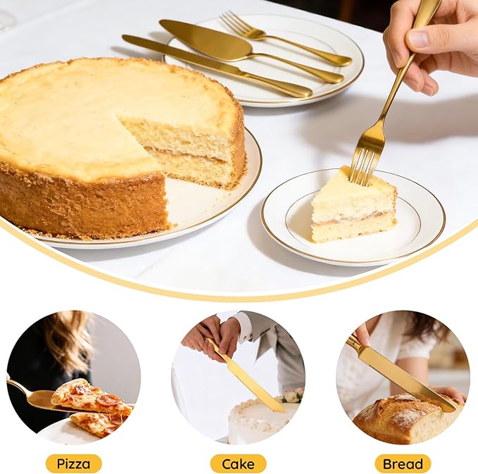 SUREAM Gold Cake Cutter 11 Inch, 4 Pieces Wedding Cake Cutting Set, Pie Server Utensil for Wedding, Birthday, Parties, Anniversary, Engagements