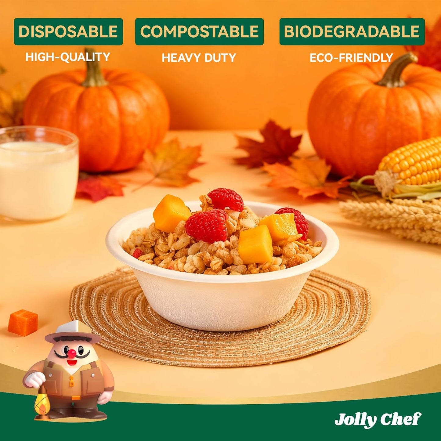 JOLLY CHEF Compostable Disposable Paper Bowl [12 oz] Heavy Duty Soup Containers [150 Pack] Biodegradable Bagasse Hot Cold Food Eco-Friendly Sugarcane Microwavable Bowls for Salad Dessert Milk Cereals
