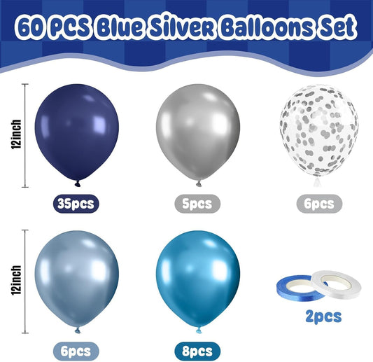 Paready Blue Silver Balloons Set, 60Pcs Metallic Navy Blue Balloons, 12 Inch Confetti Silver Pearl Dark Blue Latex Balloon for Graduations Boys Girls Birthday Baby Shower Party Decorations