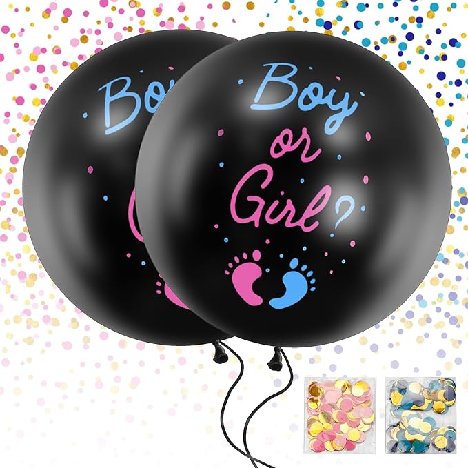 Gender Reveal Balloon 2 Pack, 36 Inch Black Balloons with Pink Blue Hearts Confetti for Boy or Girl Baby Gender Reveal Ideas Baby Shower Party Decorations Kit