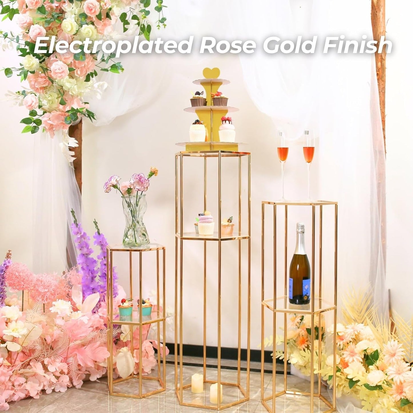 3PCS 2 Tier Hexagon Gold Cake Stand for Party, Tall Metal Pedestal Stands for Display Decoration, Flower, Plant, Birthday, Wedding, Baby Shower, Bridal Shower, Cylinder Column for Desserts