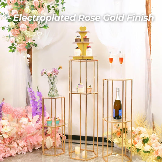 3PCS 2 Tier Hexagon Gold Cake Stand for Party, Tall Metal Pedestal Stands for Display Decoration, Flower, Plant, Birthday, Wedding, Baby Shower, Bridal Shower, Cylinder Column for Desserts