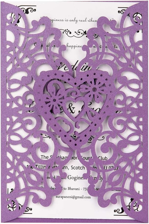 FOMTOR Laser Cut Wedding Invitations Kits 50 Packs Laser Cut Wedding Invitations with Blank Printable Cards and Envelopes for Wedding,Birthday Parties,Baby Shower Purple