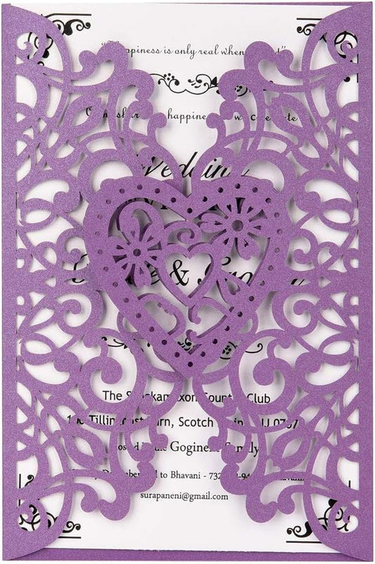 FOMTOR Laser Cut Wedding Invitations Kits 50 Packs Laser Cut Wedding Invitations with Blank Printable Cards and Envelopes for Wedding,Birthday Parties,Baby Shower Purple