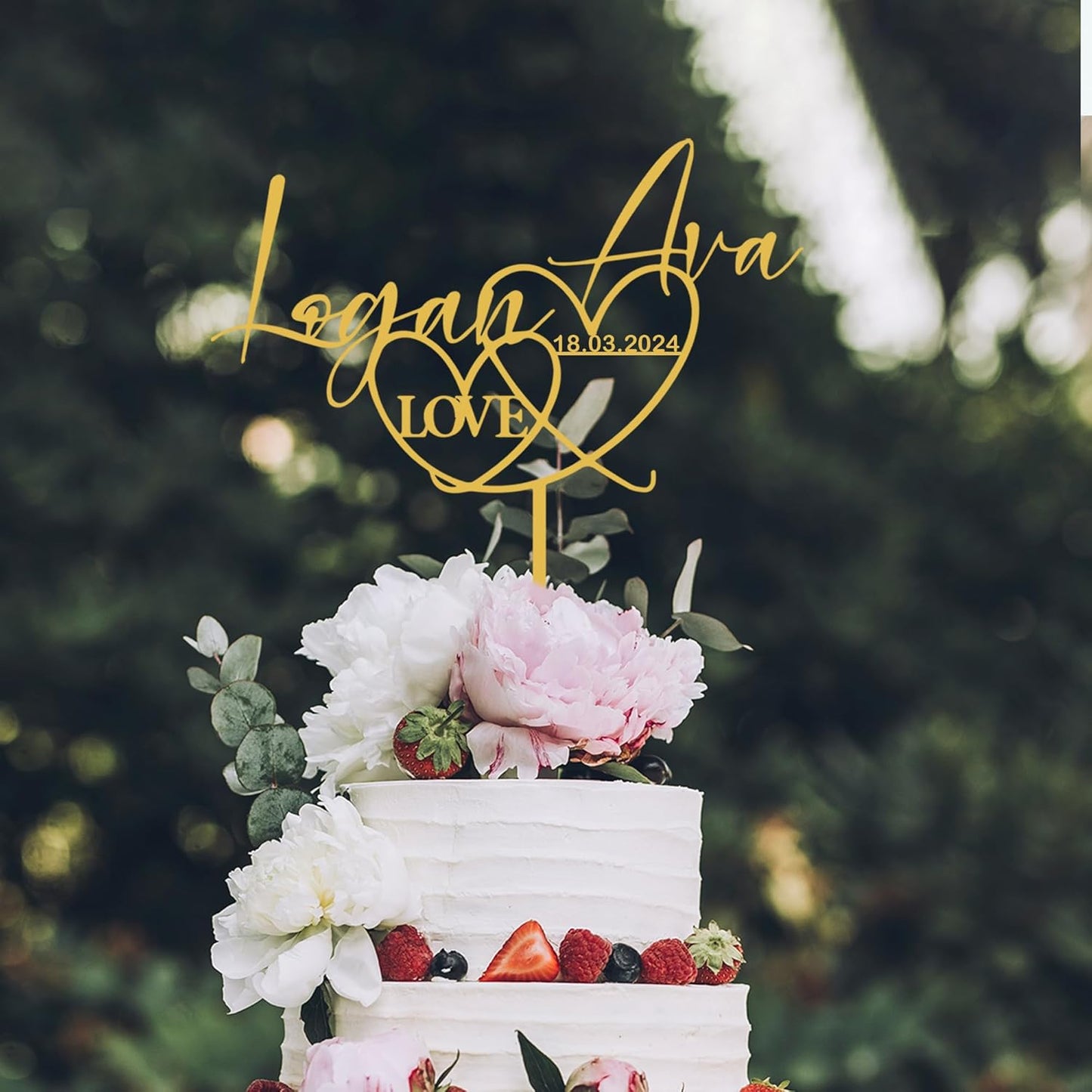 Custom Cake Toppers with Name - Wreath & Heart Design for Couples' Wedding, Engagements & Anniversaries