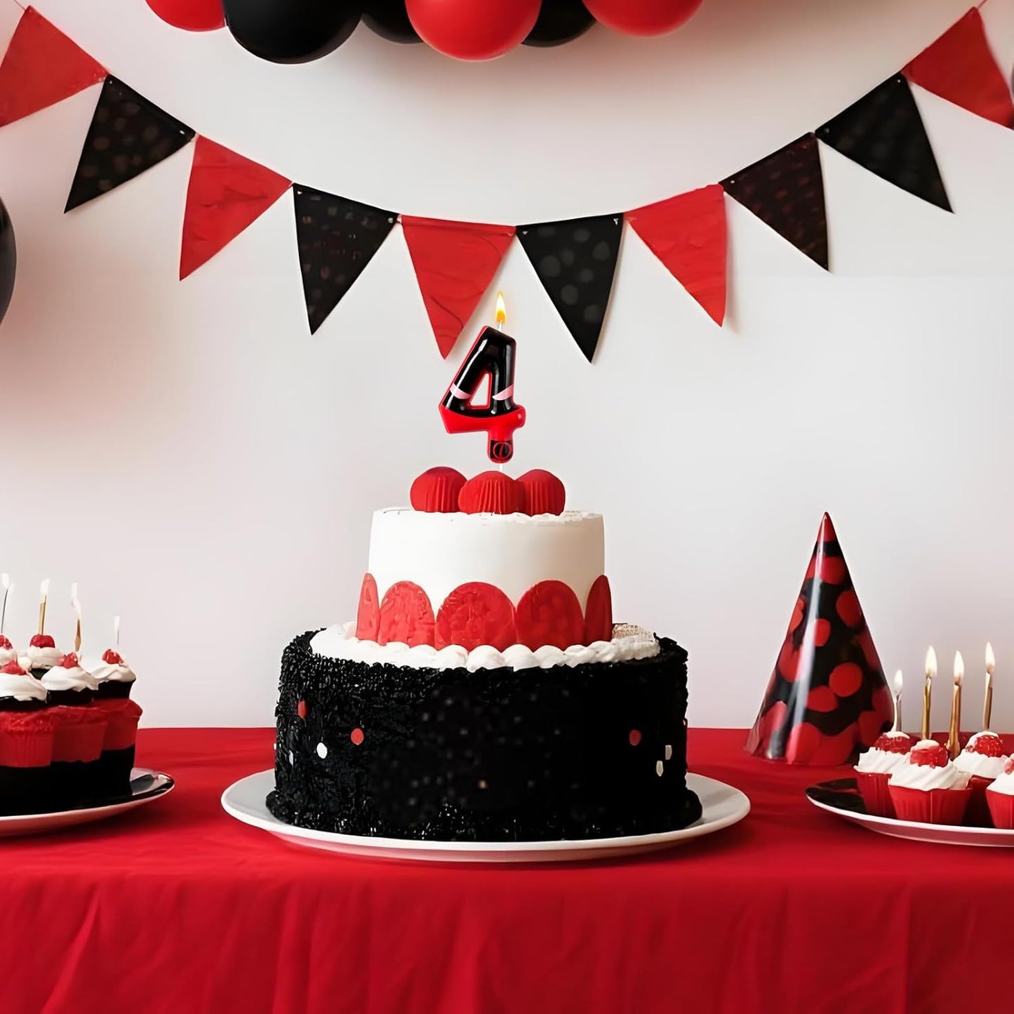Black Red Mask Number 4 Birthday Candles - Comic Themed Cake Topper for Birthday Decorations Supplies, 4 Candle Party Favors (Number 4)