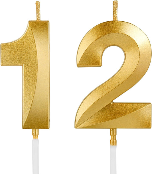 Birthday Candles, 1.96 Inch Number 12 Happy Birthday Candles, Number Candles Decoration for Birthday Party and Anniversary Celebration(Champagne Gold)
