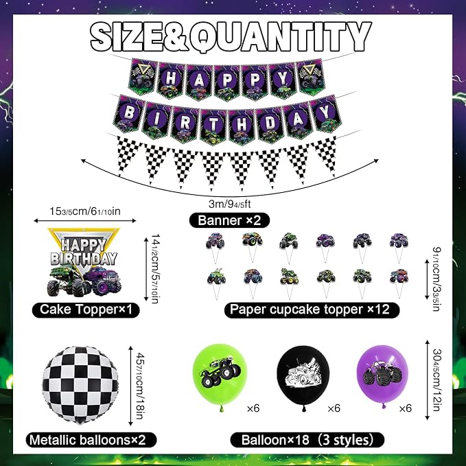 Truck Birthday Decorations Kit,162pcs Monster Birthday Party Supplies Serves 16 Guests, Truck Theme Party Decorations for Boy Purple and Green