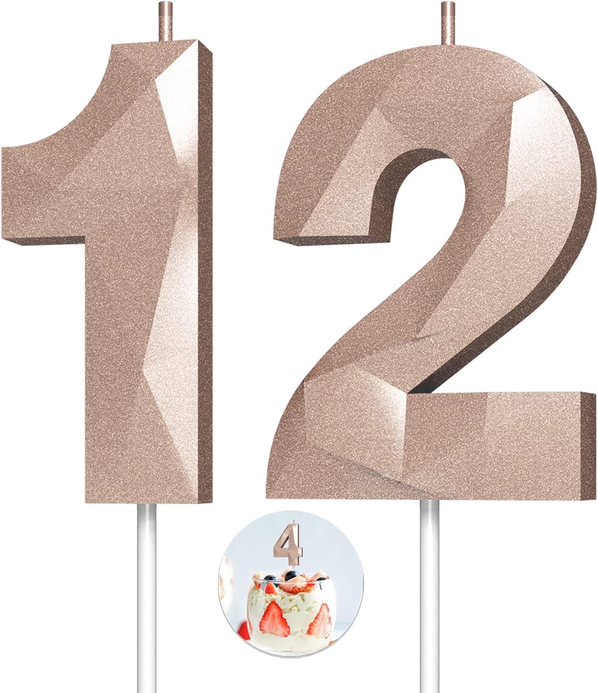 Number Birthday Candles(12 Candle Rose Gold) 3D Diamond Shape Number Happy Birthday Cake Candles for Birthday Party Wedding Decoration Reunions Theme Party