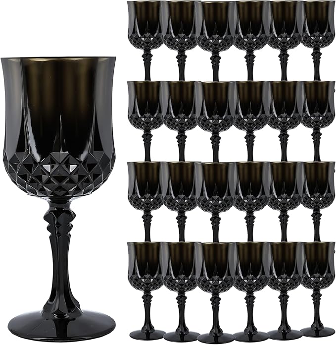 Plastic Wine Glasses, Plastic Goblets Vintage Style Cordial Unbreakable Drinking Glasses, Reusable Drinkware for Wedding Reception, Grand Event Party Supplies, Easter (24, Black)