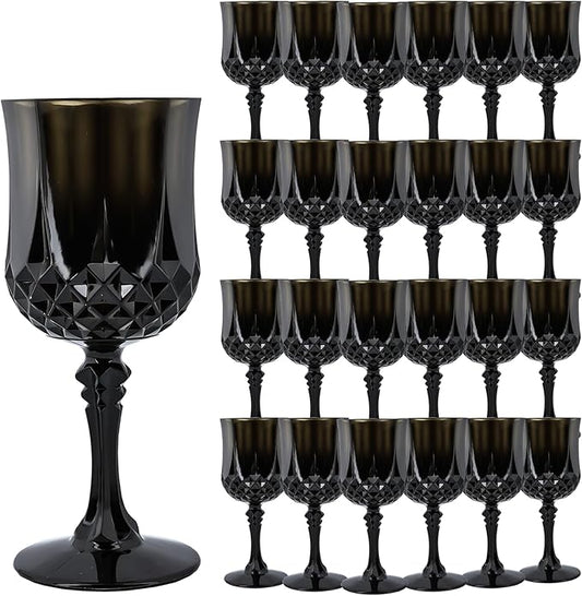 Plastic Wine Glasses, Plastic Goblets Vintage Style Cordial Unbreakable Drinking Glasses, Reusable Drinkware for Wedding Reception, Grand Event Party Supplies, Easter (24, Black)