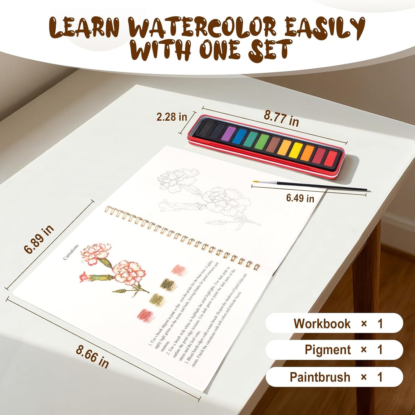 Kivzex Watercolor Workbook for Adults, Beginner Friendly Watercolor Painting Kit Flowers Water Coloring Book, Nature-Themed Practice Art Gift Water Color Paint Book with Palette and Brush