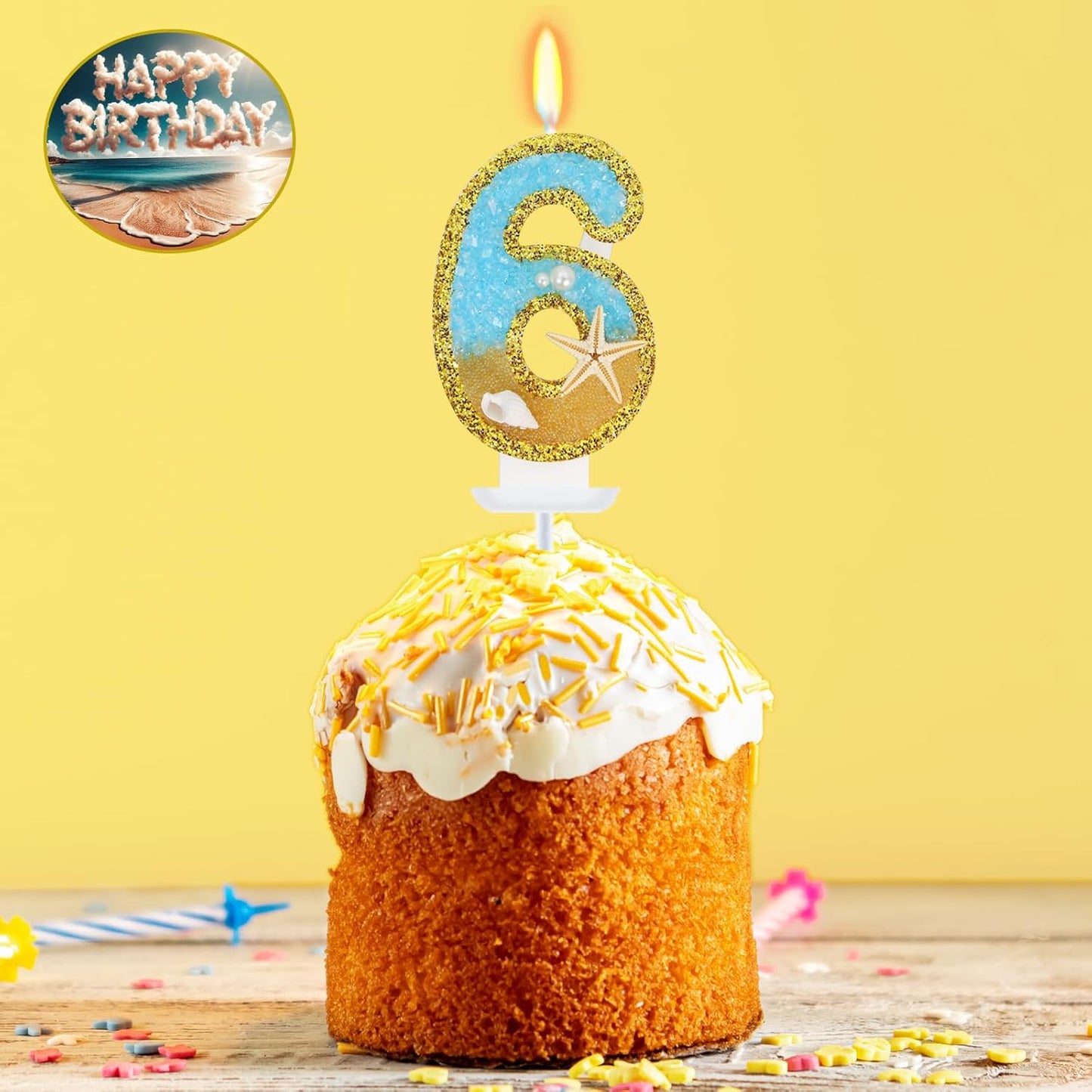 Ocean Number 6 Candle, Glitter Gold Beach Starfish Cake Topper, Tropical Ocean Princess Birthday Decorations for Party Supplies Wedding Anniversaries