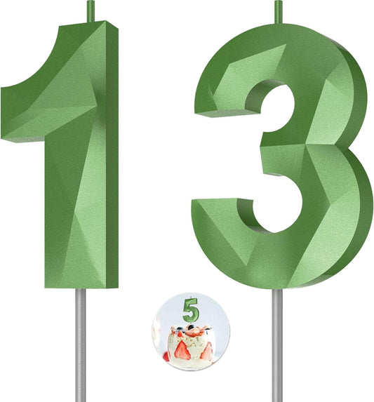Number Birthday Candles(13 Candle Green) 3D Diamond Shape Number Happy Birthday Cake Candles for Birthday Party Wedding Decoration Reunions Theme Party