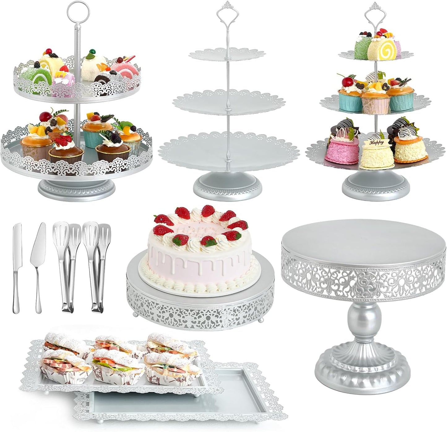 11 Pcs Silver Metal Cake Stand Set, Dessert Table Display Set for Party, Cupcake Stand and Candy Table Display Sets for Wedding, Birthday Celebration