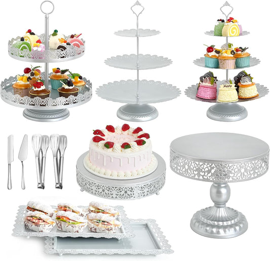 11 Pcs Silver Metal Cake Stand Set, Dessert Table Display Set for Party, Cupcake Stand and Candy Table Display Sets for Wedding, Birthday Celebration