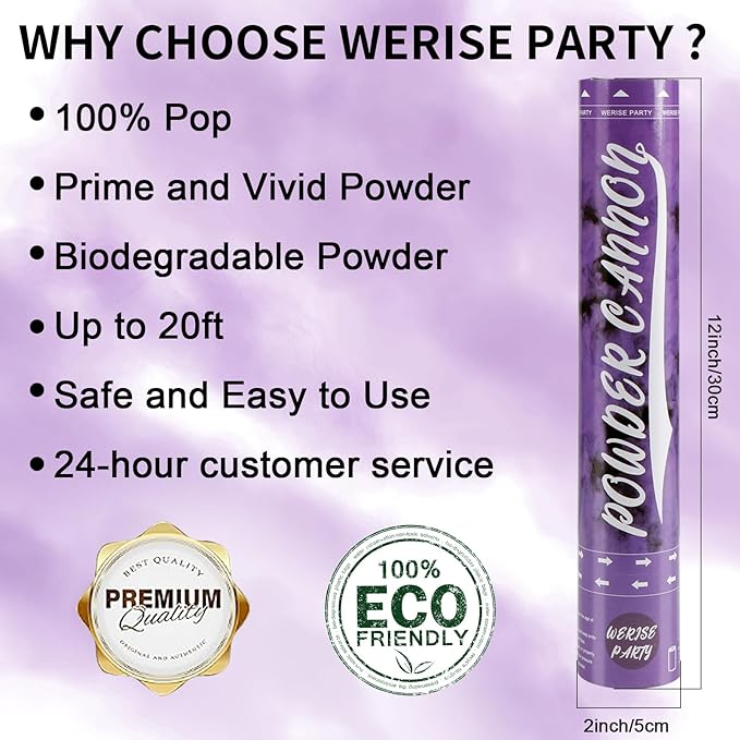 Purple Powder Cannon Popper, WERISE Party Biodegradable Smoke Poppers Cannon 12 Inch Smoke Bombs for Birthday Graduation Celebration and Halloween Party 2 Pack