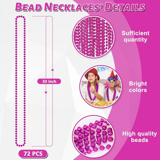 72PCS Bead Necklace, 33" Rose Red Bead Necklaces Bulk, Mardi Gras Beads Necklace Costume, Festival Parade Throw Accessories for Wedding Birthday Gender Reveal Party Events Supplies Decorations