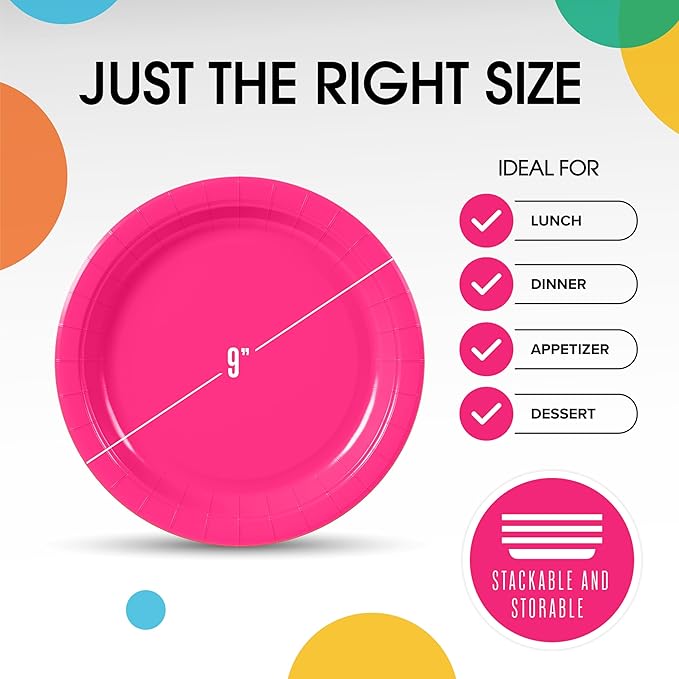 Exquisite Hot Pink Paper Plates Disposable Heavy Duty 9 Inch Hot Pink Disposable Plates For Party 100 Pcs Heavy Duty Paper Plate 350 GSM, Birthday Party Supplies Plate Set
