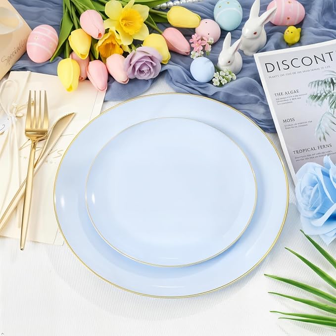 PULOTE 100PCS Blue Plastic Plates - Disposable Light Blue Include 50 Dinner & 50 Dessert/Salad Plates for Party, Wedding & Easter