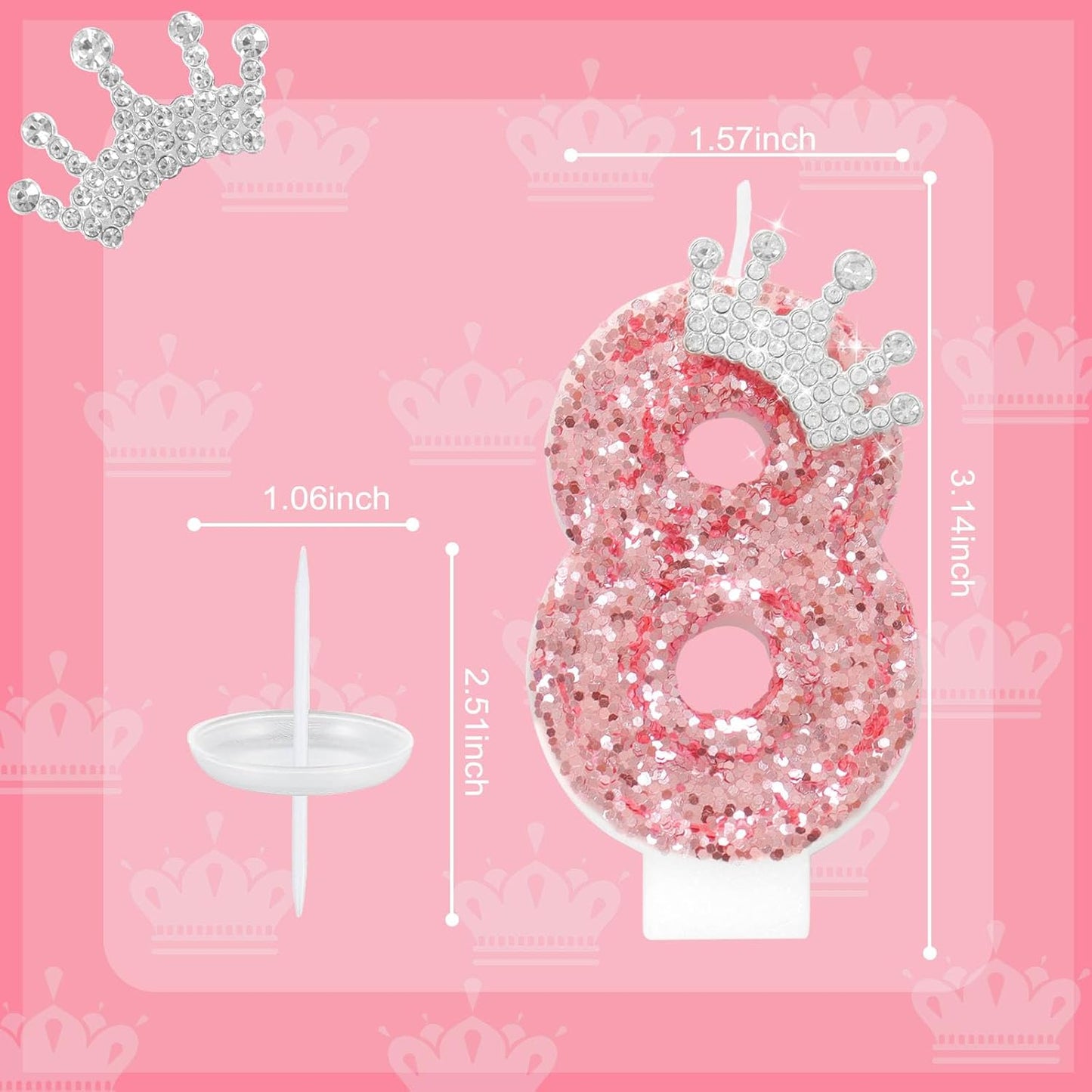 Ceya Number 8 Birthday Candles,Pink Crown Candle for Cake, Sparkling Number Glitter Candle 3.14inch Cake Topper,8st Birthday Decorations for Girl Women Reunions Anniversary Party Supplies