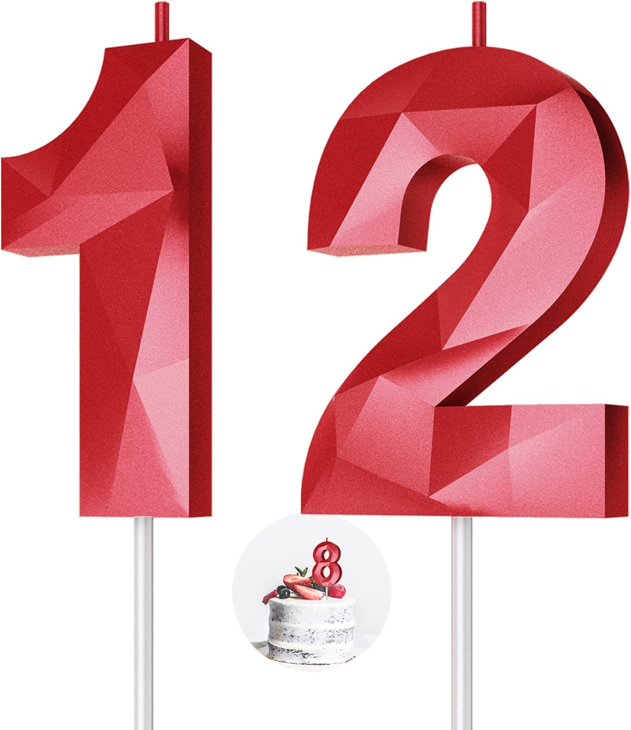 Number Birthday Candles(12 Candle Red) 3D Diamond Shape Number Happy Birthday Cake Candles for Birthday Party Wedding Decoration Reunions Theme Party