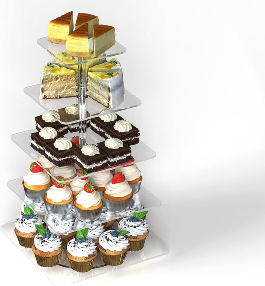 5-Tier Rotating Cupcake Stand, Clear Acrylic 360° Spinning Dessert Display Tower for Cakes & Pastries, Serving Stand for Weddings, Birthdays, Parties - Square