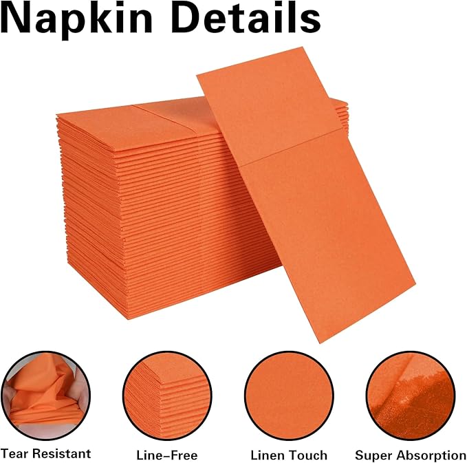 Orange Napkins Hand Towels Disposable, Linen-Feel Dinner Napkins with Prefolded Built-in Flatware Pocket, Guest Paper Hand Towels for Wedding, Thanksgiving Or Party (16x16in, 50Pack）