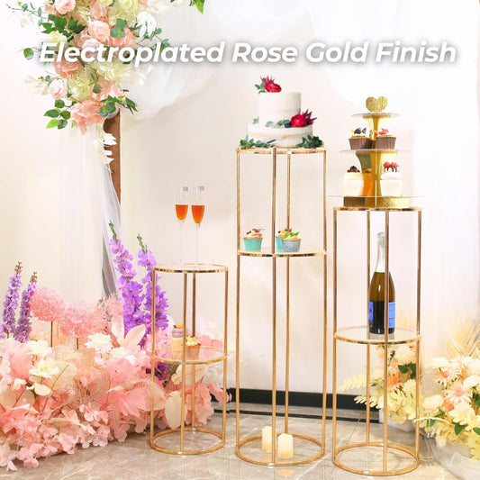 3PCS 2 Tier Round Gold Cake Stand for Party, Tall Metal Pedestal Stands for Display Decoration, Flower, Plant, Birthday, Wedding, Baby Shower, Bridal Shower, Cylinder Column for Desserts