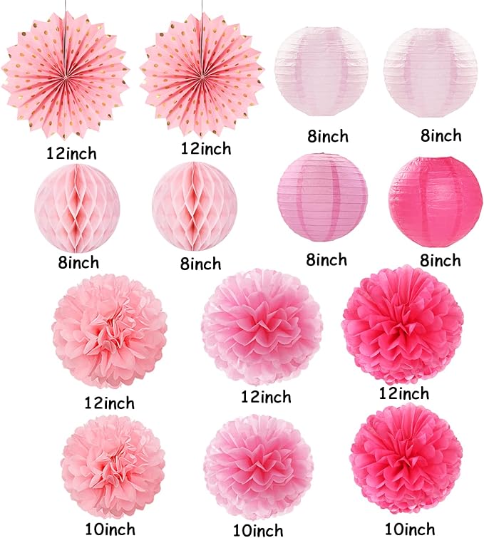 Rose Hot-Pink Valentines-Day Party-Decorations Streamers - 14pc Girl Birthday Baby Shower Paper Lanterns Fan,Tissue Pom Poms,Honeycomb Balls,Bachelorette Bridal Wedding Supplies Decor Lasting Surprise