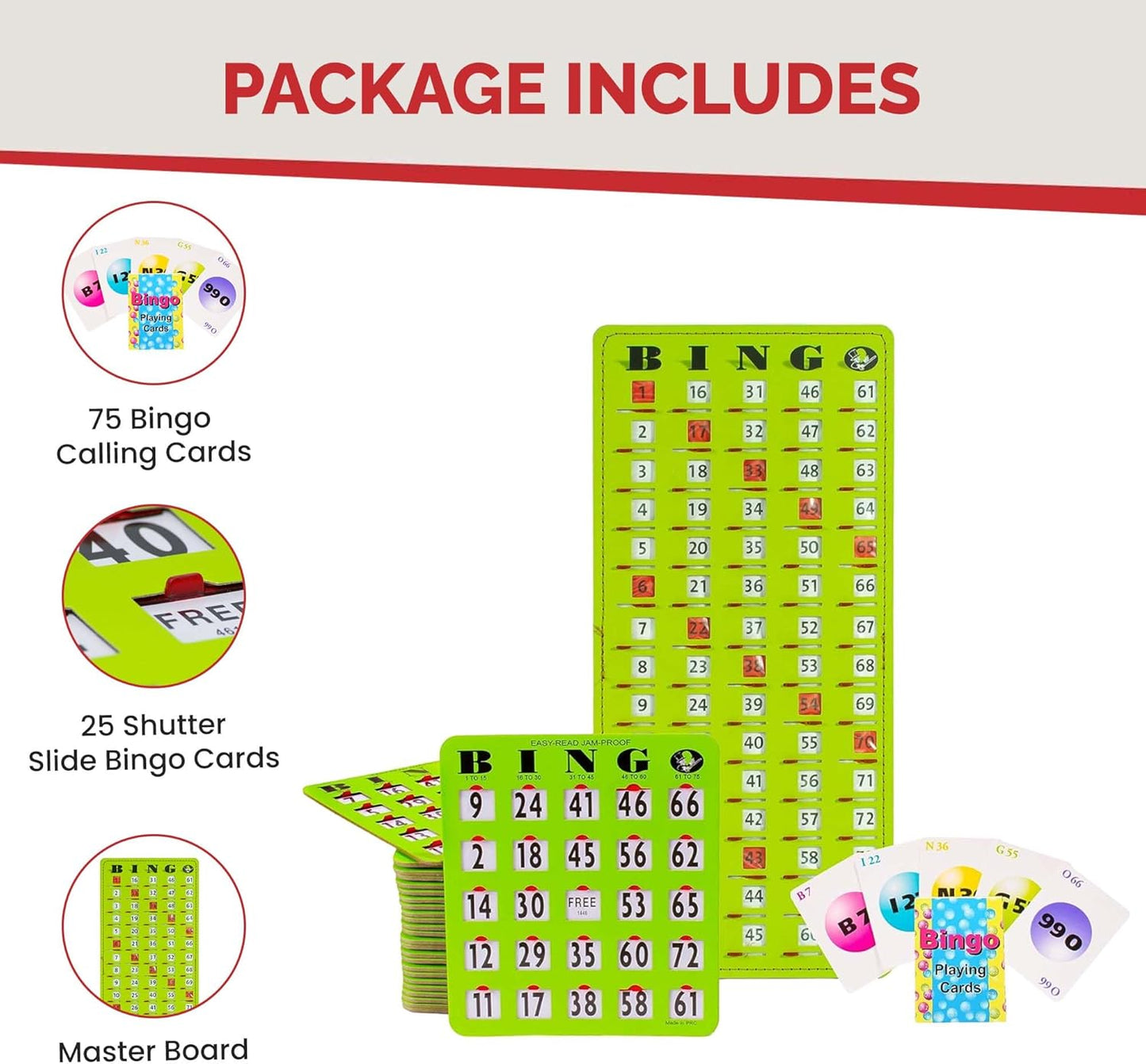 MR CHIPS Complete Bingo Game Set with Jam-Proof Shutter Cards – Easy Read Green Edition – 25 Reusable Large Print Bingo Cards with Sliding Windows, Master Board & Calling Cards – No Chips Needed