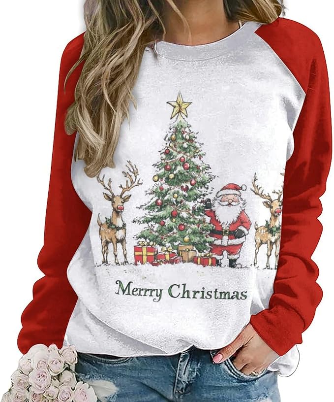 LOAIHA Christmas Sweatshirts for Women Christmas Tree Graphic Shirt Xmas Long Sleeve Merry Christmas Pullover Blouse