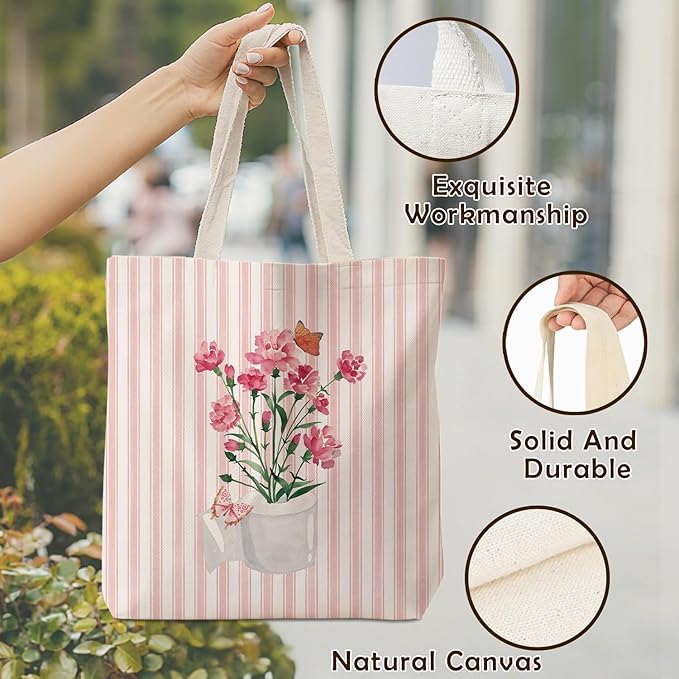 Pink Preppy Floral Aesthetic Tote Bag for Women,Printed Canvas Tote Bag for Girls,Pink Striped Watercolour Aesthetic Reusable Shopping Grocery Bags Party Favors