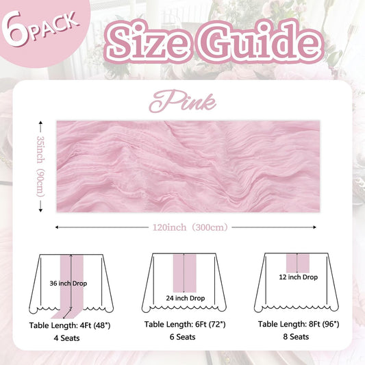 6 Pack Pink Table Runner 10ft Boho Gauze Fabric Cheesecloth Table Runner 35 x 120 Inch Rustic Sheer Runner for Romantic Wedding Centerpiece Decor Baby Shower Party Table Decoration